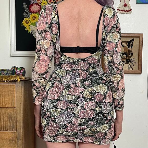 Vintage Floral Lace Mini Dress, 1980s Knapp Studio Bodycon Flower Print XS-S - Picture 7 of 11